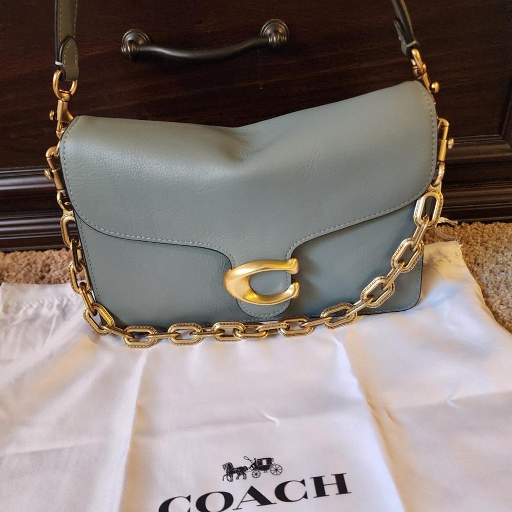 Coach Gray Leather Shoulder Bag with Gold Chain